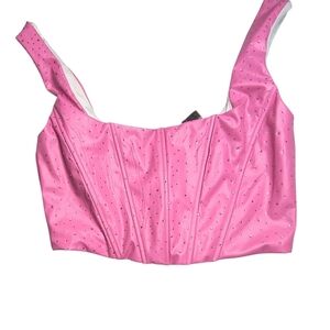 Windsor Bubble Gum Barbie Pink Bustier Rhinestone Faux Leather Crop Tank Top S